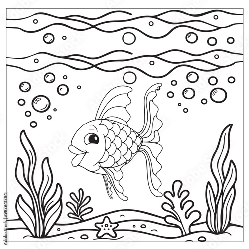 Fish Coloring page for kids coloring book,vector Illustration seawater cute fishes activity worksheet for children