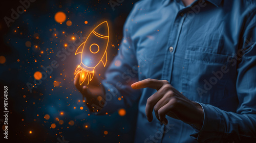 A businessman holds a rocket icon with a glowing hologram interface, symbolizing a business plan. The close-up shows him touching a virtual screen with a spaceship symbol.