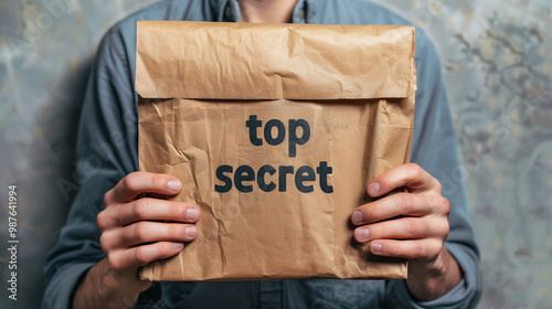 A man holds an open brown paper bag with the inscription 