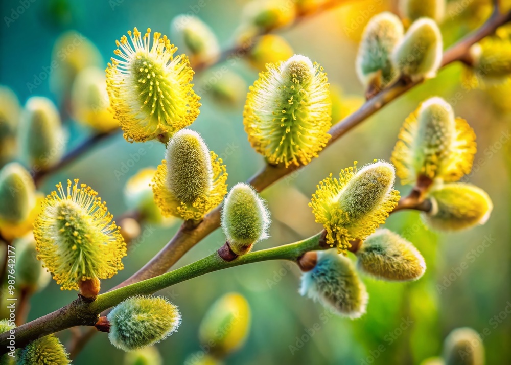 Delicate Catkin Flowers Blooming on Branches in Early Spring with Soft Green Background Aesthetic Delicate Catkin Flowers Blooming on Branches in Early Spring with Soft Green Background Aesthetic