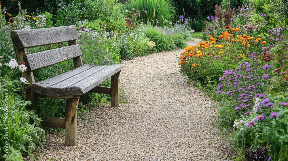 English country garden design with a rustic wooden bench, cottage flowers, and a meandering gravel path, no people, no logo. English country garden design with a rustic wooden bench, cottage flowers, and a meandering gravel path, no people, no logo.
