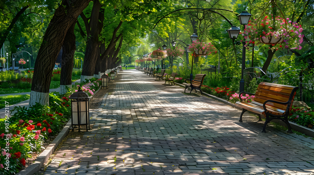Serene Park Path with Sunlight and Green Trees Serene Park Path with Sunlight and Green Trees