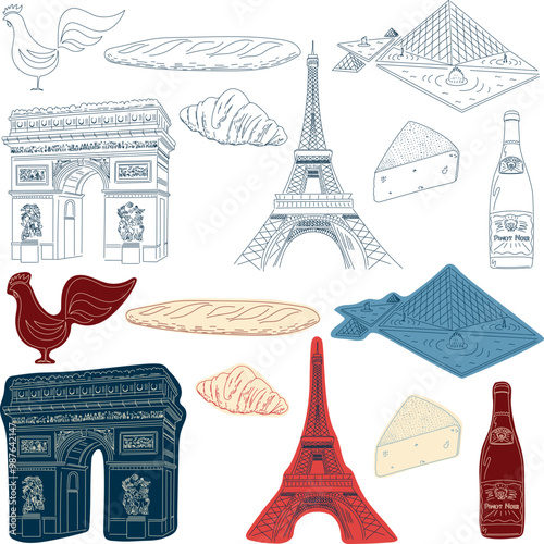 Paris landmarks line art set – Eiffel Tower and city icons