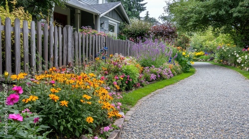 English country front yard with a curved gravel path, vibrant perennial flowers, and a quaint picket fence, no people, no logo.