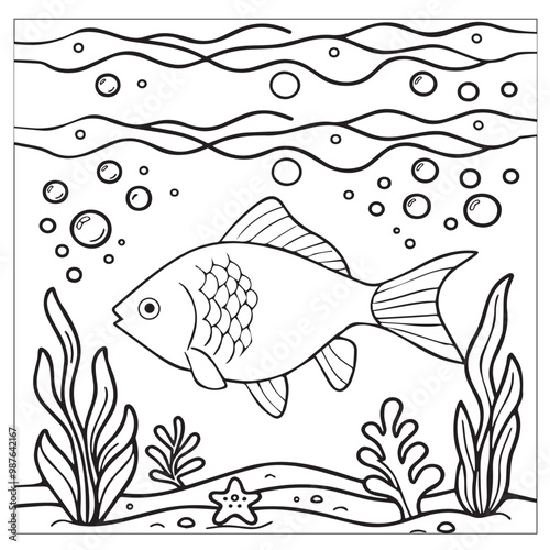 Fish Coloring page for kids coloring book,vector Illustration seawater cute fishes activity worksheet for children