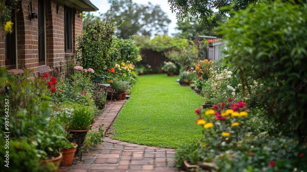 English country-style front yard featuring a lush green lawn, potted flowers, and a rustic brick pathway, no people, no logo. English country-style front yard featuring a lush green lawn, potted flowers, and a rustic brick pathway, no people, no logo.