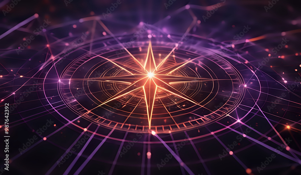 A holographic nautical compass on top of glowing lines representing network communication with sparkles of light in purple and orange tones A holographic nautical compass on top of glowing lines representing network communication with sparkles of light in purple and orange tones