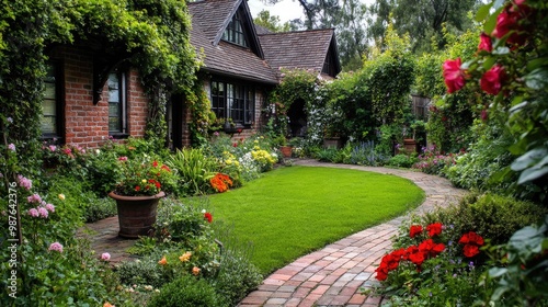 English country-style front yard featuring a lush green lawn, potted flowers, and a rustic brick pathway, no people, no logo.