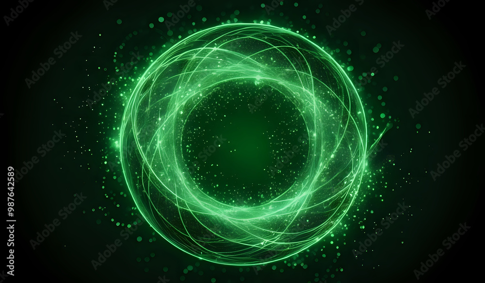 A ring of green neon energy waves on a dark background with magical sparks A ring of green neon energy waves on a dark background with magical sparks