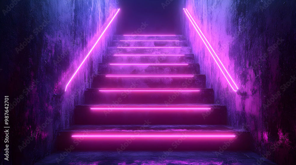 Neon Pink Glowing Lights on Concrete Stairs 3D Illustration Neon Pink Glowing Lights on Concrete Stairs 3D Illustration