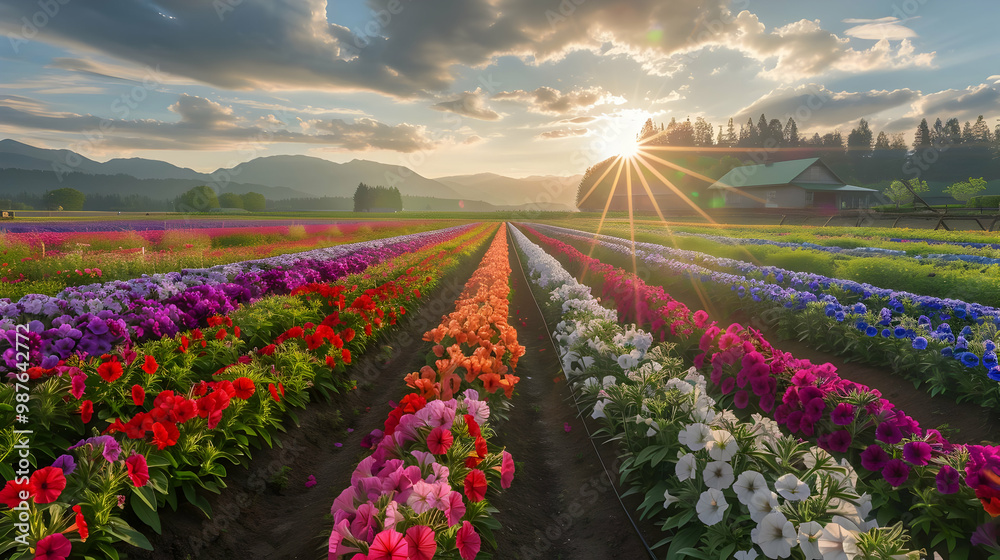 Obraz premium Vibrant Flower Field at Sunset with Mountain Views