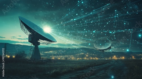 A futuristic landscape featuring satellite dishes under a starry sky, symbolizing communication and exploration of outer space.