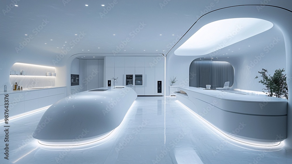 Obraz premium A futuristic, all-white kitchen with motion-sensor lighting and smart, voice-controlled appliances