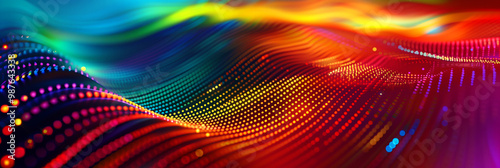 Design of background, banner, wallpaper in the form of dynamic multicolors digital waves from bright micro dots. The concept of lightness, continuity and positive energy dissolved in space.