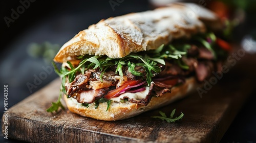 A rustic sandwich made with a crusty baguette, filled with various flavorful meats, arugula, and fresh ingredients, evoking a sense of hand-crafted culinary delight. photo