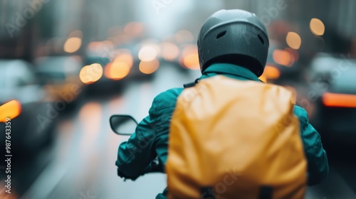 A dynamic image of a delivery rider on a motorcycle, equipped with a yellow backpack, skillfully navigating through city traffic, emphasizing the hustle and bustle of urban life. photo