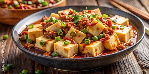 Delicious Mabo Tofu Dish with Silken Tofu, Ground Meat, and Spicy Sauce Served in a Bowl photo