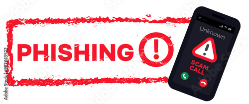 Alert scam call mobile smartphone scam call or video call notification with grunge stamp written the sentence PHISHING text sign symbols vector illustration eps editable text