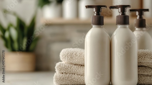 Cream-colored soap dispenser bottles are placed with stacked beige towels on a bathroom counter featuring a blurred background, showing a clean and serene bathroom setup. photo