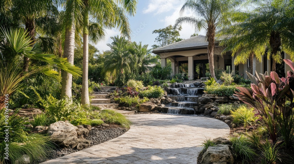 Front yard with resort-style landscaping featuring stone walkways, tropical plants, and a calming waterfall, no people, no logos. Front yard with resort-style landscaping featuring stone walkways, tropical plants, and a calming waterfall, no people, no logos.