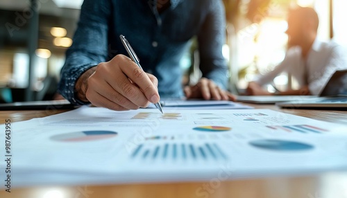 Person analyzing data charts and graphs on a table.