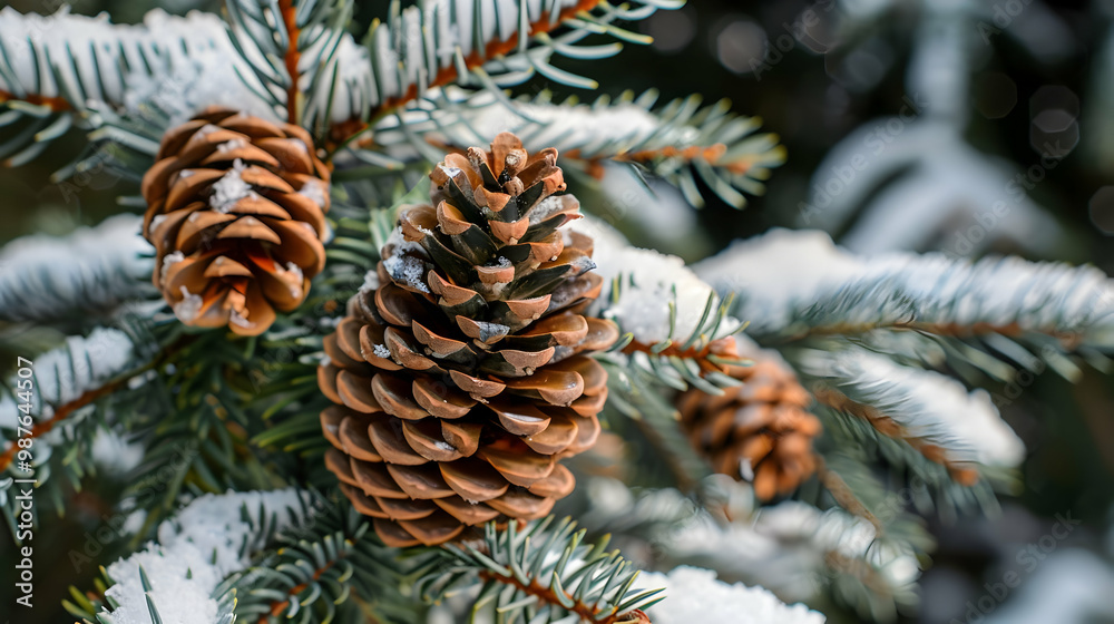Close Up of Pine Cones on a Snowy Branch Close Up of Pine Cones on a Snowy Branch