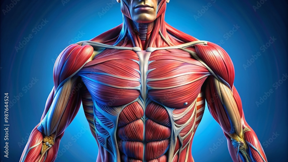 Detailed anatomical illustration of the deltoid muscle and its location on the human body diagram Detailed anatomical illustration of the deltoid muscle and its location on the human body diagram