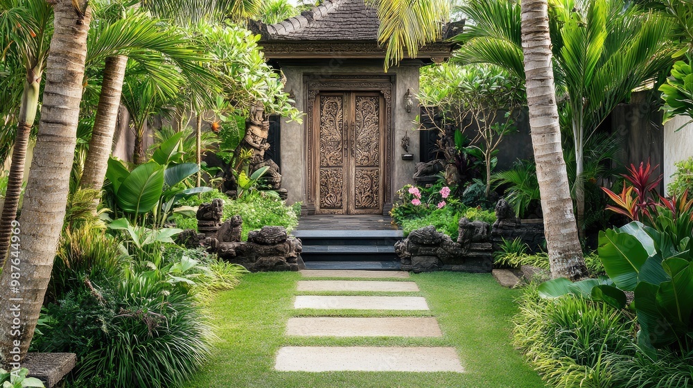Serene Balinese-style front yard garden with a carved stone entrance, palm trees, and frangipani blossoms, no people, no logo. Serene Balinese-style front yard garden with a carved stone entrance, palm trees, and frangipani blossoms, no people, no logo.