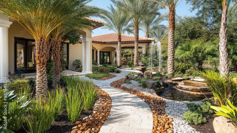 Fototapeta premium Serene resort-style landscaping in a front yard with palm trees, bamboo accents, and a water feature, no people, no logos.