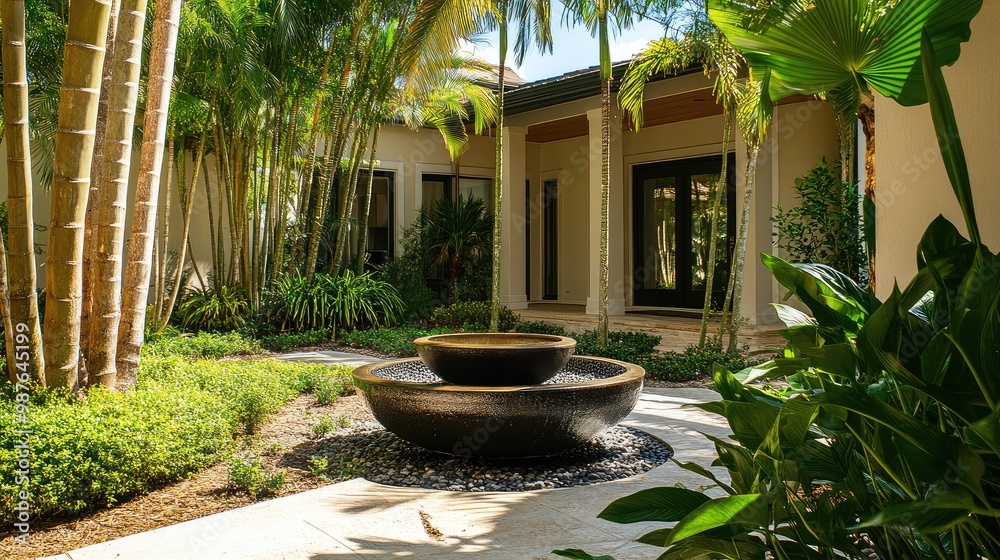Shady resort-style front yard featuring palm trees, bamboo accents, and a small water fountain, no people, no logos. Shady resort-style front yard featuring palm trees, bamboo accents, and a small water fountain, no people, no logos.