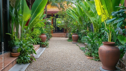 Thai-style front yard with a gravel path, banana trees, and traditional clay pots, creating a tropical atmosphere, no people, no logo. photo