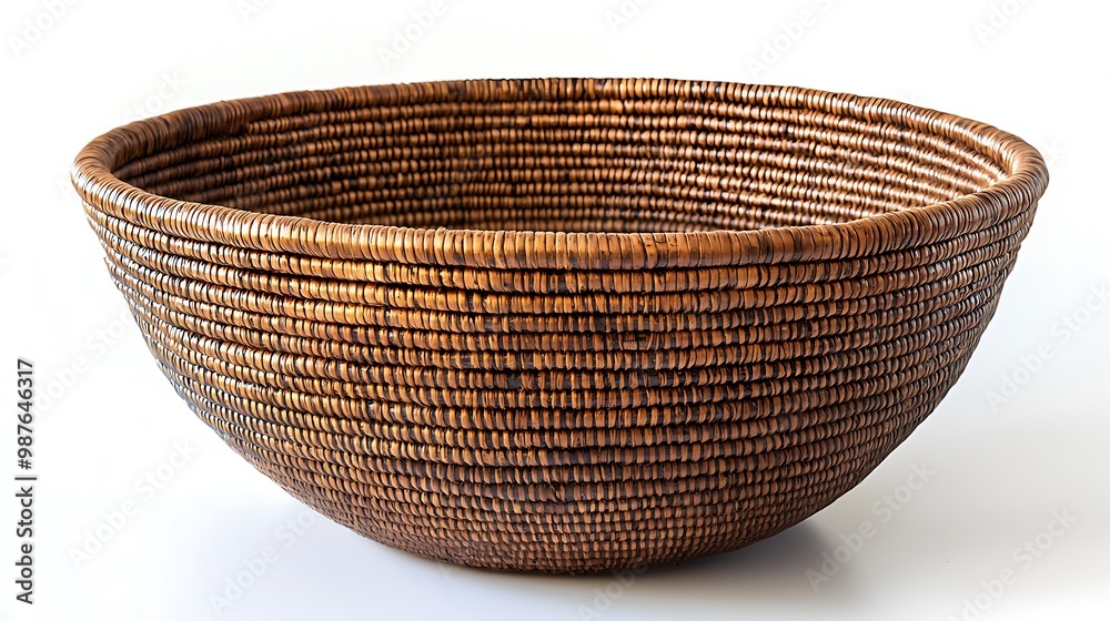 A handmade wicker basket, a brown woven bowl exuding natural, rustic beauty. A handmade wicker basket, a brown woven bowl exuding natural, rustic beauty.