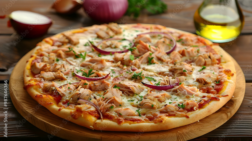 Chicken Pizza with Red Onion and Mozzarella Cheese Chicken Pizza with Red Onion and Mozzarella Cheese