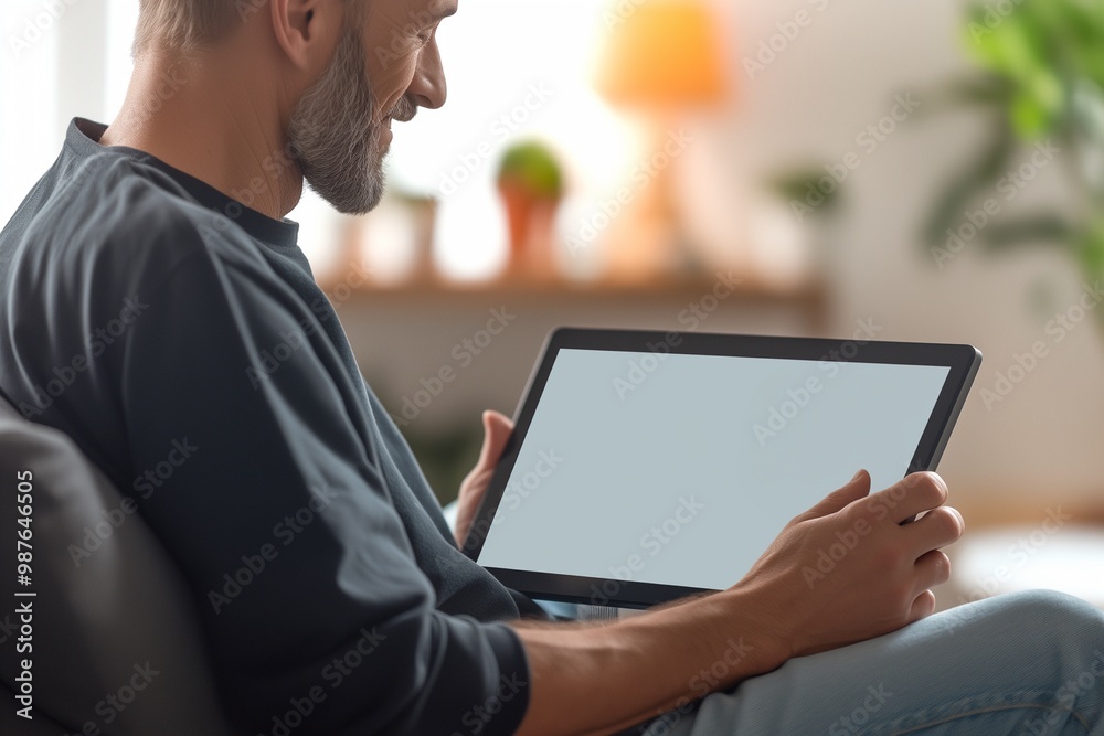 Adult man using digital tablet with blank screen at home Adult man using digital tablet with blank screen at home