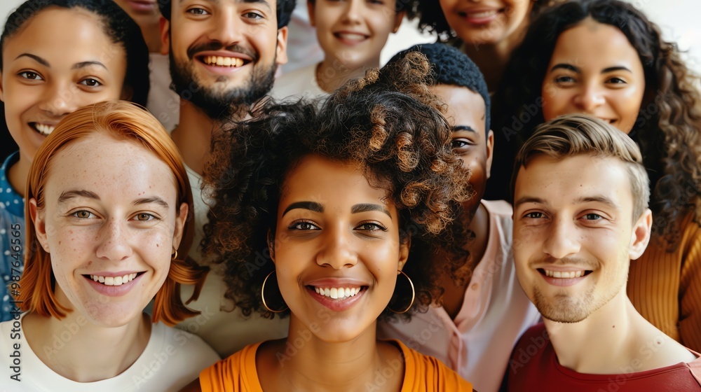 Obraz premium A group of diverse friends smile brightly, showcasing their genuine connection and joy.