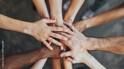 A diverse group of hands clasped together in a symbol of unity and support.