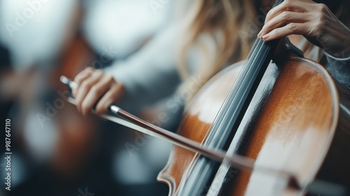 An artistic photo of a musician’s hands as they play the cello, captured in a dynamic setting that hints at the presence of an orchestra, showcasing the beauty of instrumental music.