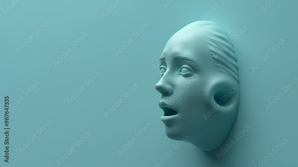 A 3D voice actor speaking through a microphone-shaped opening on the right. with left blank copy space. A 3D voice actor speaking through a microphone-shaped opening on the right. with left blank copy space.