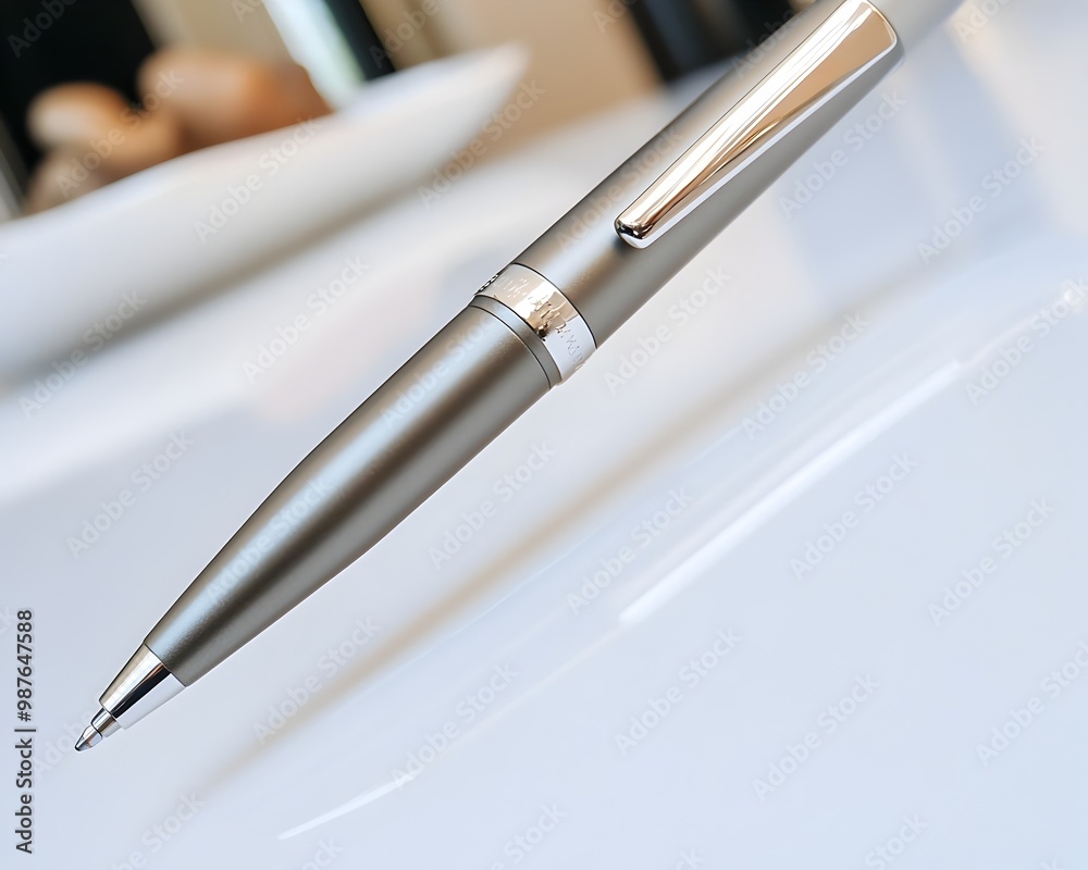 Naklejka premium Sleek Metallic Ballpoint Pen on Pristine White Desk in Elegant Corporate Setting
