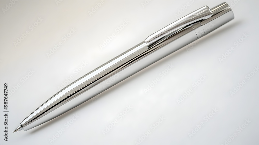 Sleek Metallic Ballpoint Pen on Crisp White Surface with Soft Directional Lighting Sleek Metallic Ballpoint Pen on Crisp White Surface with Soft Directional Lighting