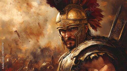 Portrait of a fierce thracian gladiator in battle-worn armor. Ancient Rome Gladiator. Illustration photo