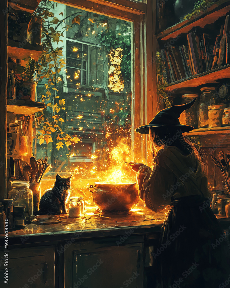 witch preparing a powerful potion in her cozy kitchen with magical sparks filling the air as her black cat watches closely witch preparing a powerful potion in her cozy kitchen with magical sparks filling the air as her black cat watches closely