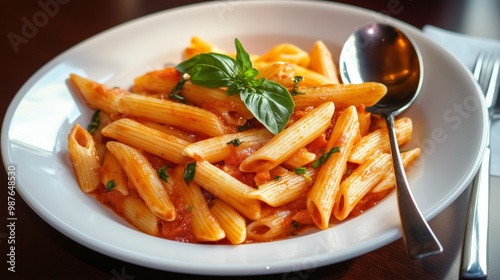 A stylish display of penne arrabbiata, showcasing its rich red sauce and garnished with fresh herbs, a fork and spoon placed invitingly next to it, with utensils nearby ready for enjoyment. 