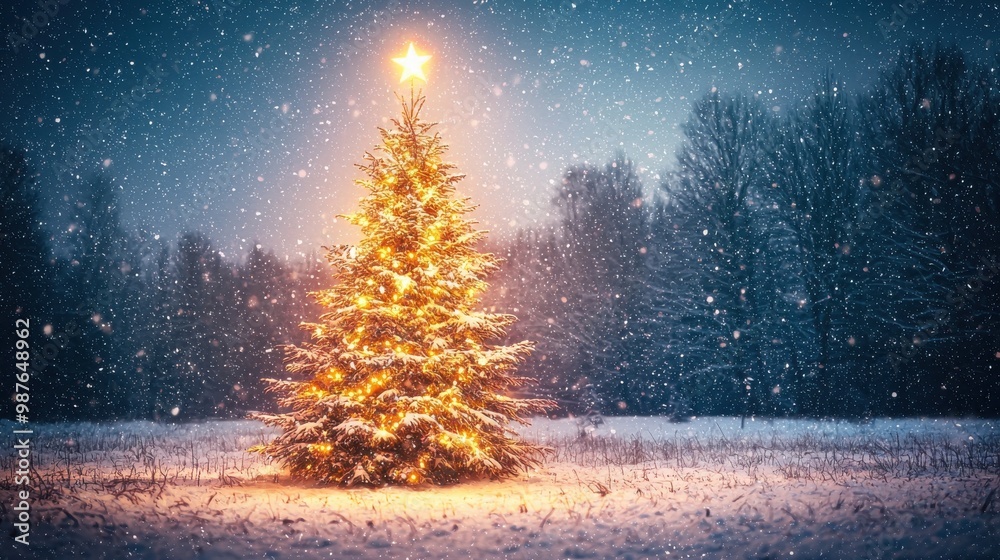 Snowy Christmas Tree with Golden Lights Snowy Christmas Tree with Golden Lights