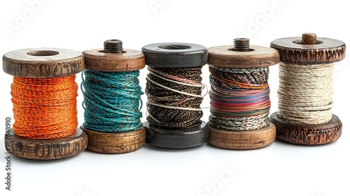 Vintage wooden spools with colorful threads sit elegantly isolated against a white backdrop.