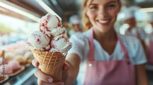 A cheerful ice cream vendor in a pink apron presents a delicious cone of raspberry swirl ice cream, capturing the essence of summer joy and indulgence. photo