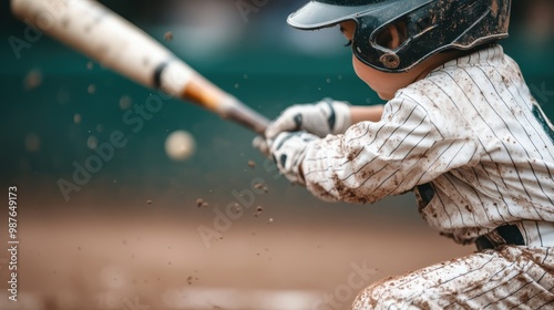 A young baseball player wearing a uniform and safety helmet swings his bat on a muddy field during a game, capturing the dynamic movement and intense focus of the sport.