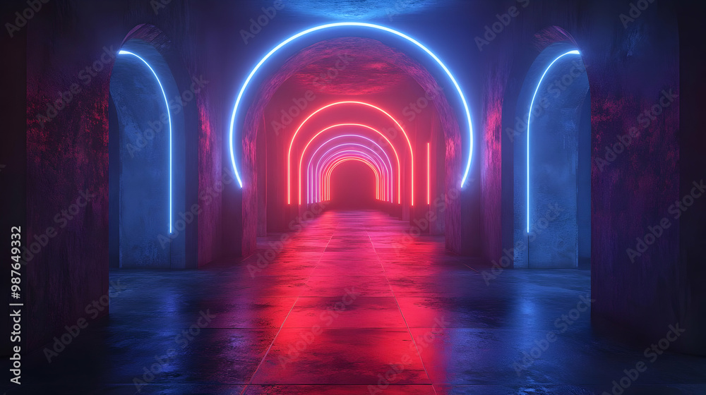 3D Neon Arches: Blue and Red Glowing Corridor 3D Neon Arches: Blue and Red Glowing Corridor