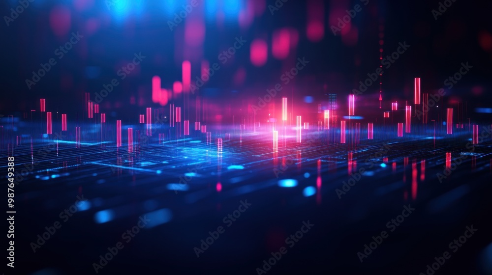 Obraz premium Abstract Digital Landscape with Red and Blue Neon Lights