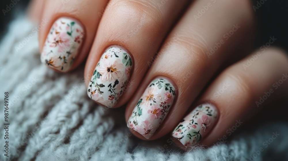 A close-up of a person's hand showcasing a detailed floral pattern nail art design, demonstrating fine artistry and technique against a background of knitted fabric.